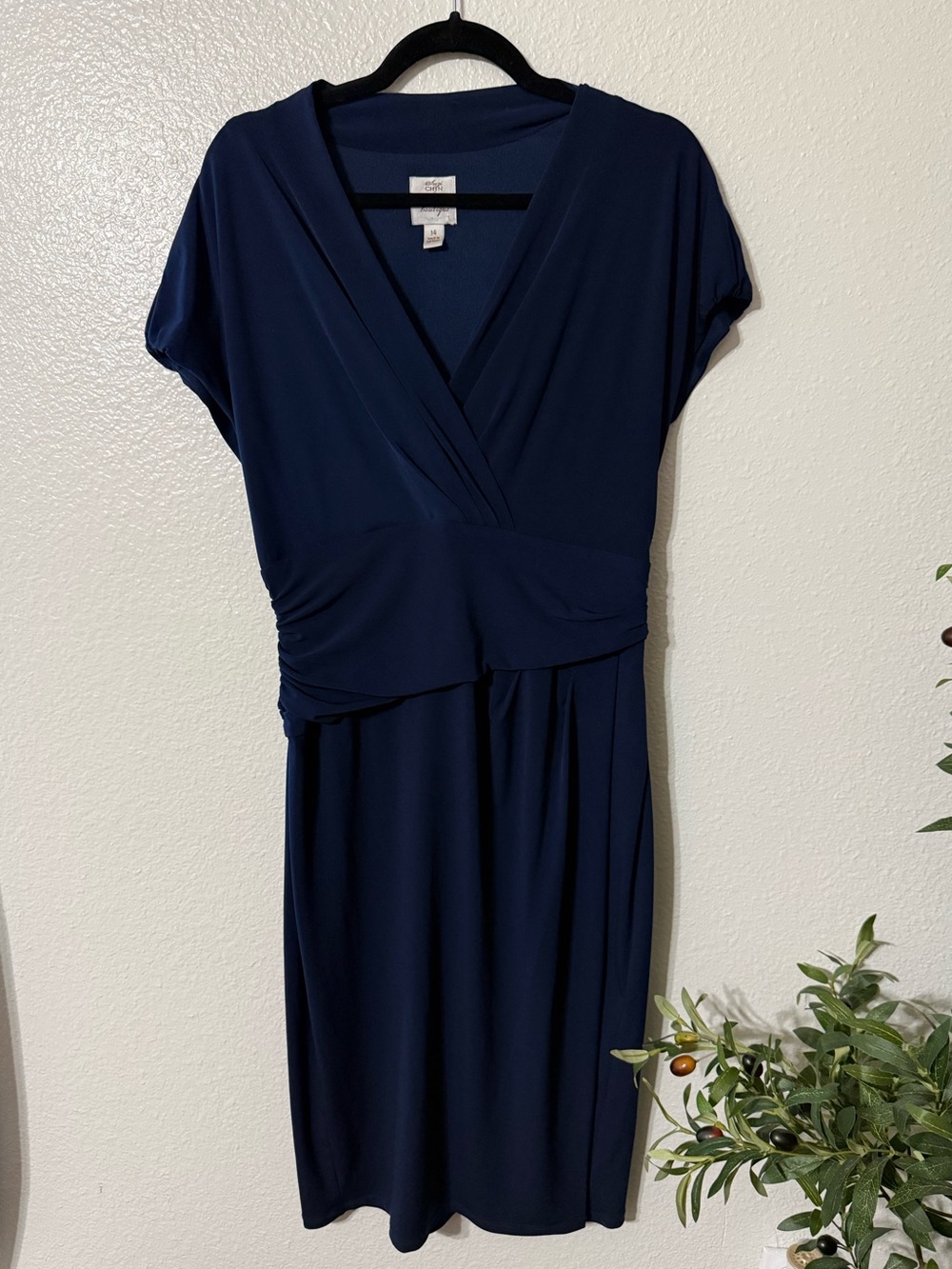 Maggy Boutique Navy Blue Faux Wrap Ruched Sheath Dress - Size 14